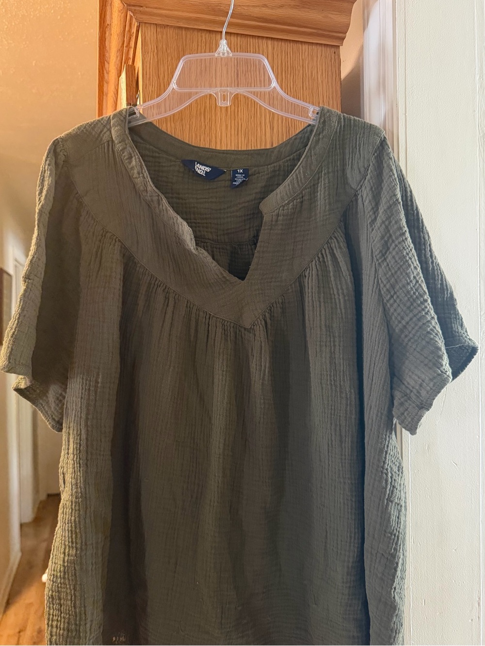 Lands End Olive Green Gauze V-Neck Peasant Top - Size 1X